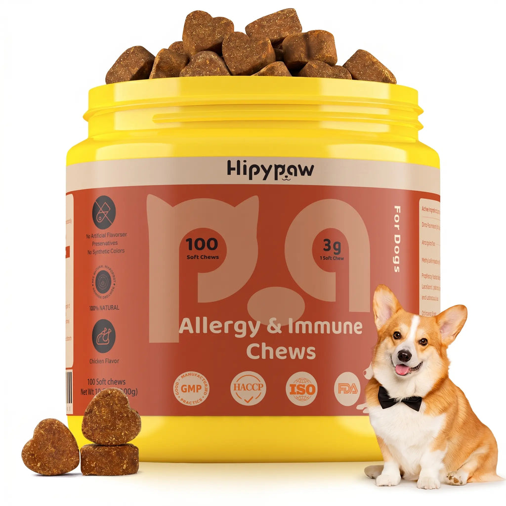 Hipypaw Dog Allergy Support Chews-Natural Gut & Immune Support for Dogs Probiotics & Herbal Formula - 100 Chews