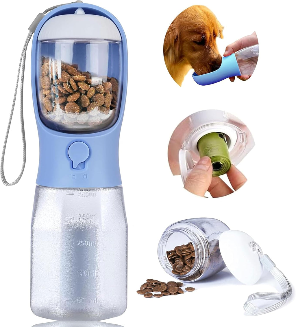 Dog Water Bottle with Food Container, Portable Pet Dog Water Dispenser for Outdoor Walking,Hiking,Travel,Puppy Essentials,Puppy Supplies,Replaceable Waste Bags
