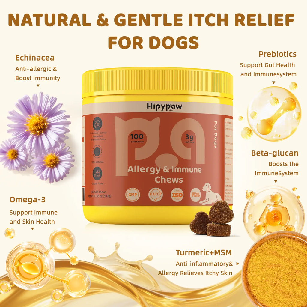 Hipypaw Dog Allergy Support Chews-Natural Gut & Immune Support for Dogs Probiotics & Herbal Formula - 100 Chews