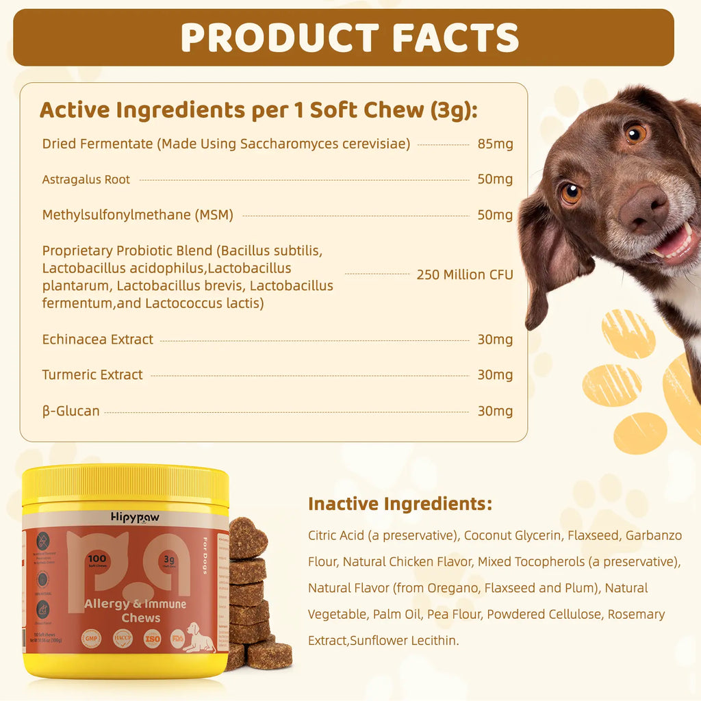 Hipypaw Dog Allergy Support Chews-Natural Gut & Immune Support for Dogs Probiotics & Herbal Formula - 100 Chews
