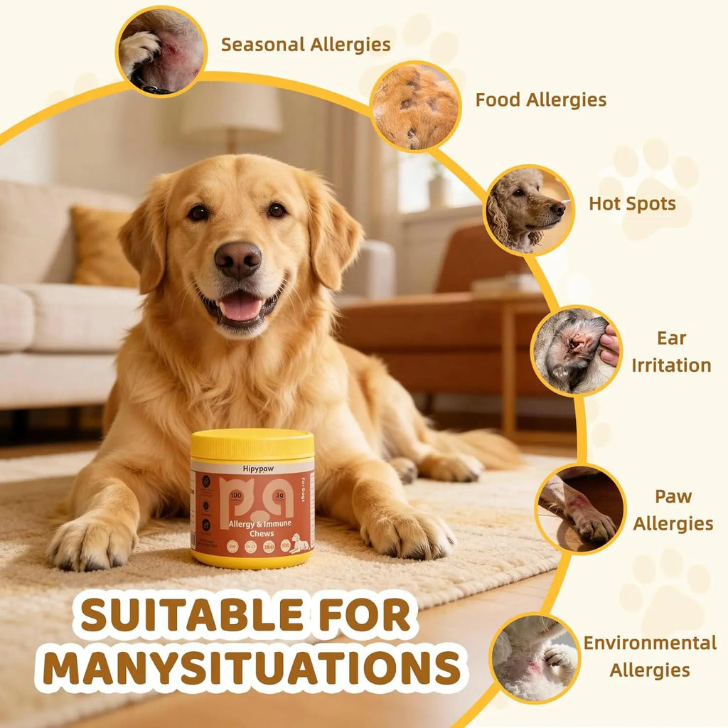 Hipypaw Dog Allergy Support Chews-Natural Gut & Immune Support for Dogs Probiotics & Herbal Formula - 100 Chews
